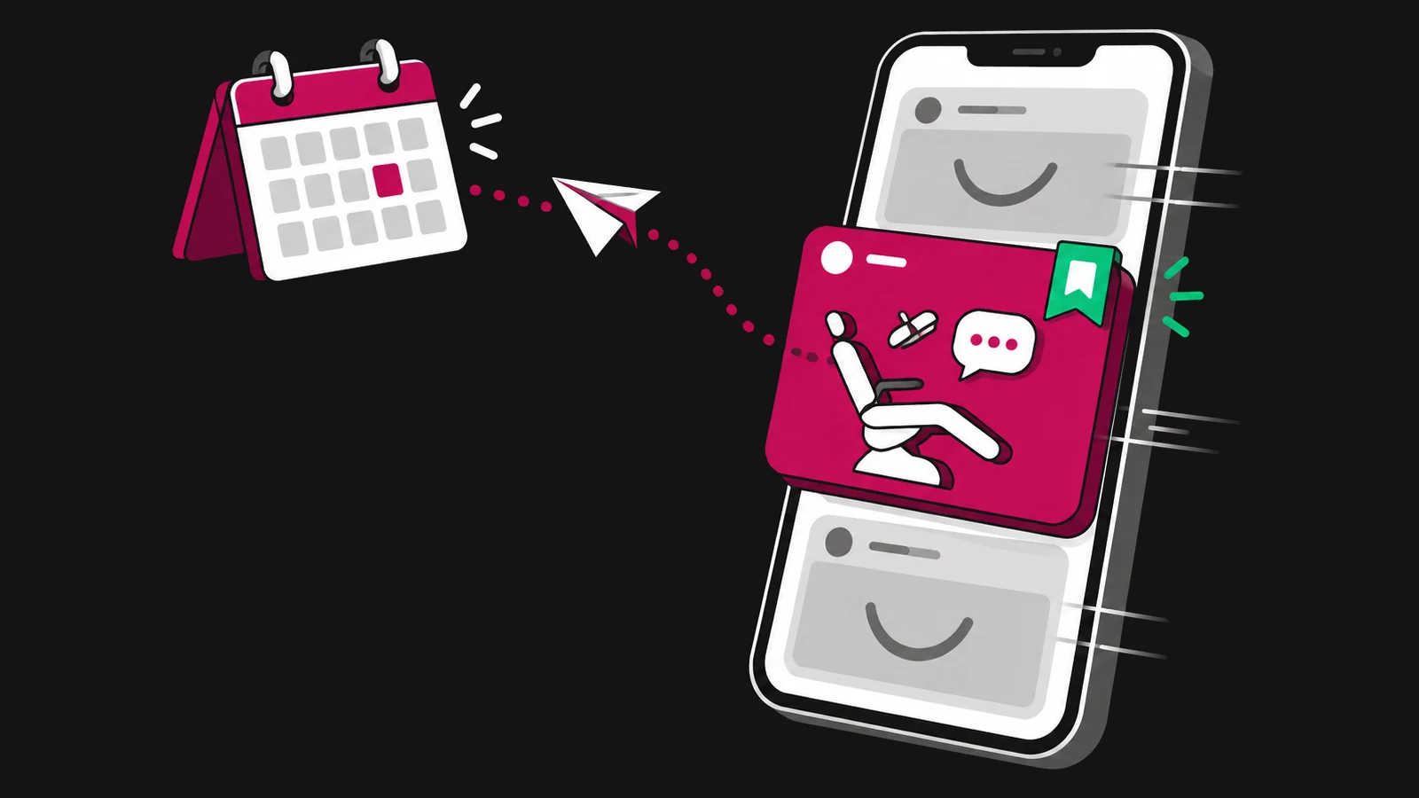 Egy telefon hírfolyama sötét háttér előtt: két egyforma szürke poszt elcsúszik, középen egy magenta poszt a rendelő fogorvosi székével és egy üzenetbuborékkal megállítja a görgetést, a sarkán mentés-jelölő, és egy pontozott út visz tőle egy naptár kiemelt napjáig: a fogászati social media tartalom, amit nem pörgetnek át.
